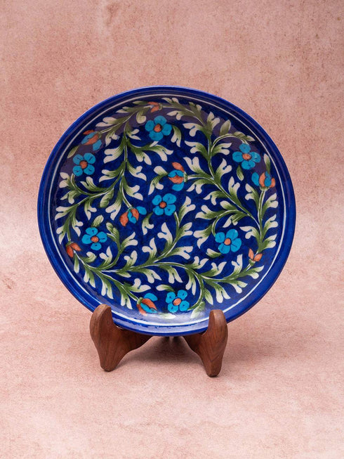 Blue Pottery HandMade Wall Plate With Wooden Stand