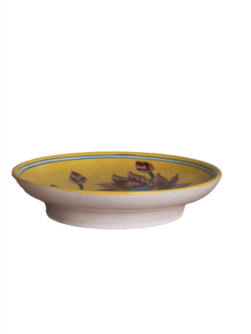 Blue Pottery Decorative Plate in Yellow Base with Brown Flowers