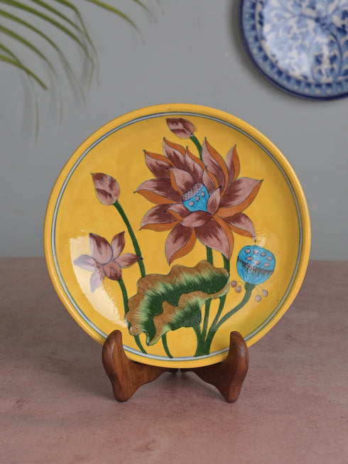 Blue Pottery Decorative Plate in Yellow Base with Brown Flowers