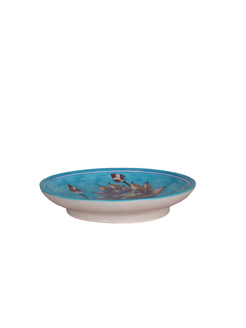 Blue Pottery Decorative Plate in Turquoise Base with Brown Flowers