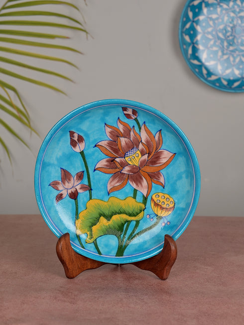 Blue Pottery Decorative Plate in Turquoise Base with Brown Flowers