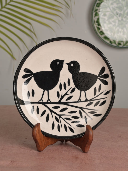 Jaipur Blue Pottery Decorative Plate in White Base with Birds Design