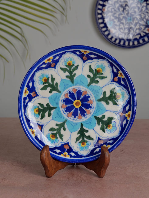 Blue Pottery Decorative Plate in Blue Base with Multi Florals