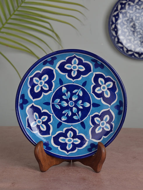 Blue Pottery Decorative Plate in Turquoise Base with Blue/Turquoise Florals