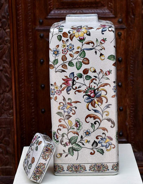 Ceramic Jar With Lid Cream Base With Multi Colour Floral Design 17