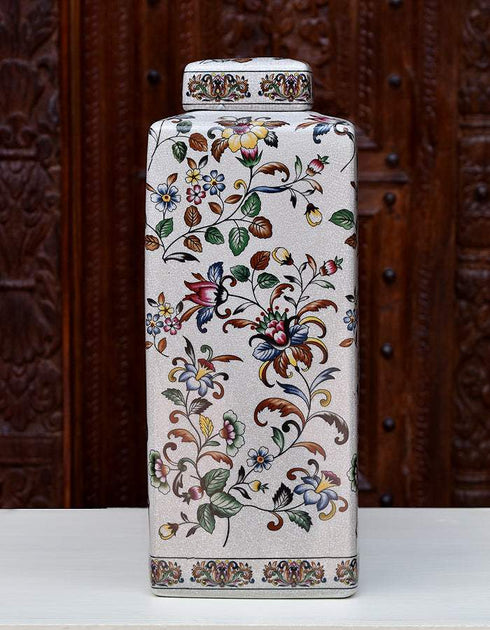 Ceramic Jar With Lid Cream Base With Multi Colour Floral Design 17