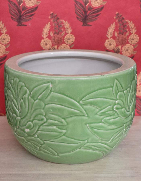 Ceramic Plant Holder Green Base With Embossed Floral Design