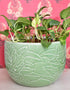 Ceramic Plant Holder Green Base With Embossed Floral Design