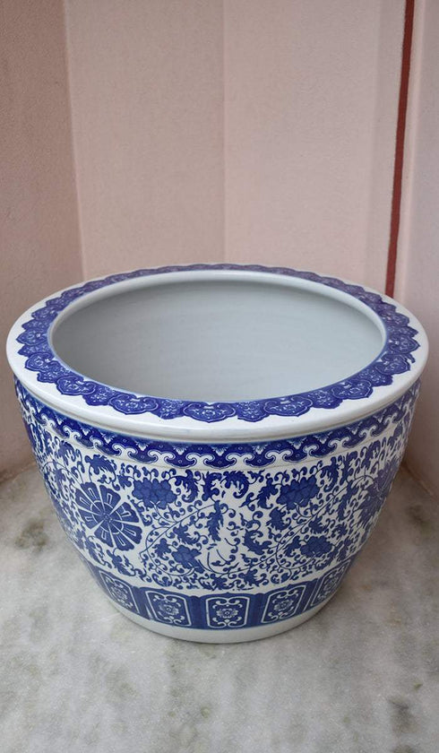 Ceramic Planter Holder White & Blue Floral Design