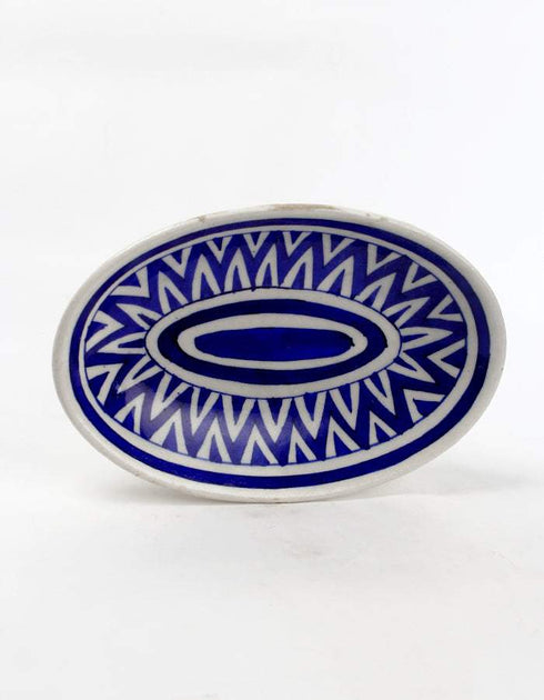 White and Blue Zig Zag Design Oval Plate