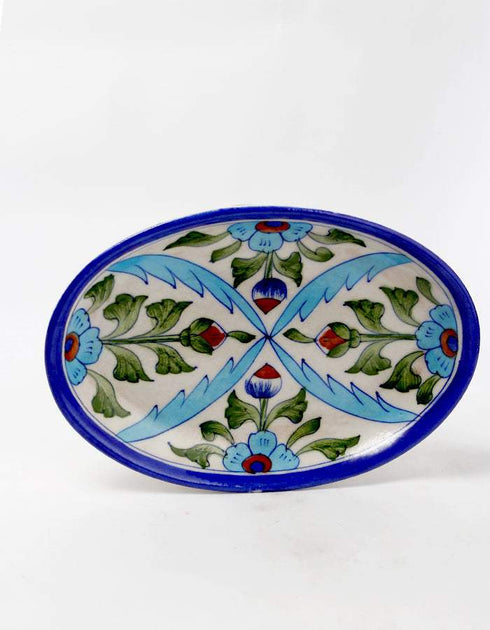 Turquoise Flowers With Green Leaves On White Base Oval Plate