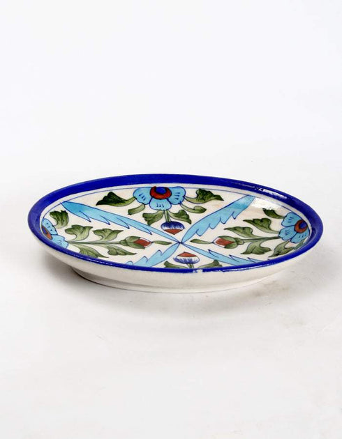 Turquoise Flowers With Green Leaves On White Base Oval Plate