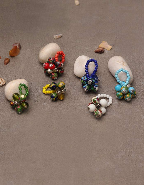 Blue Pottery 3 Beads Stretchable Finger Ring (White)