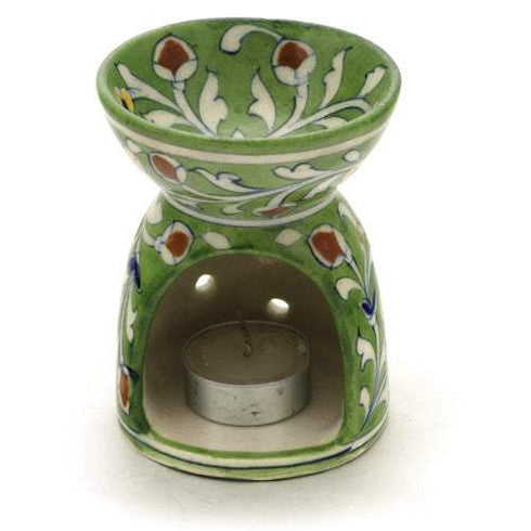 Jaipur Blue Pottery Aroma Oil Diffuser in Green Base With Yellow Floral Motifs Big
