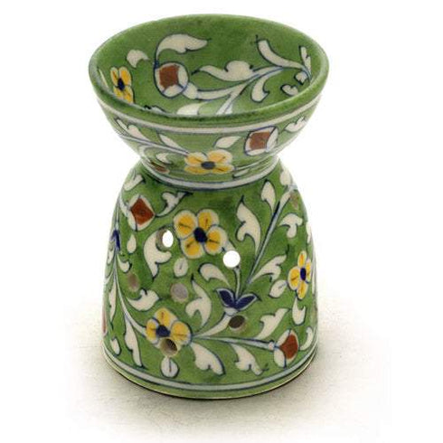 Jaipur Blue Pottery Aroma Oil Diffuser in Green Base With Yellow Floral Motifs Big