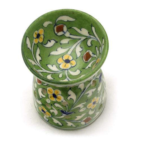 Jaipur Blue Pottery Aroma Oil Diffuser in Green Base With Yellow Floral Motifs Big