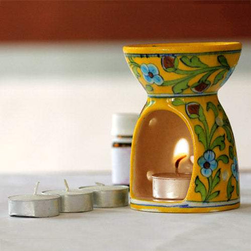 Jaipur Blue Pottery Aroma Oil Diffuser in Yellow Base With Turquoise Floral Motifs Big