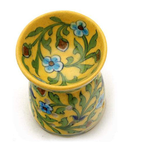 Jaipur Blue Pottery Aroma Oil Diffuser in Yellow Base With Turquoise Floral Motifs Big