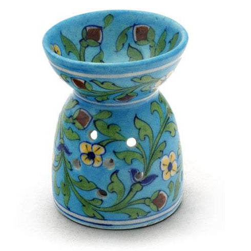 Jaipur Blue Pottery Aroma Oil Diffuser in Turquoise Base With Yellow Floral Motifs Big