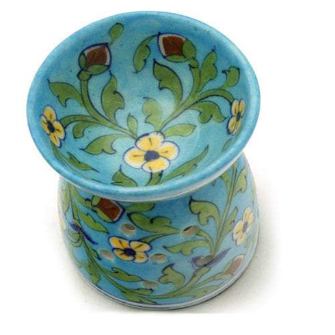Jaipur Blue Pottery Aroma Oil Diffuser in Turquoise Base With Yellow Floral Motifs Big