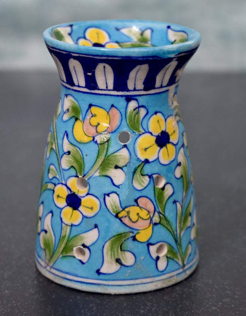 Jaipur Blue Pottery Handmade Aroma Oil Diffuser Small in Turquoise Base With Yellow Floral