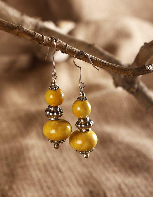 Blue Pottery 2 Bead Earrings Small (Yellow)