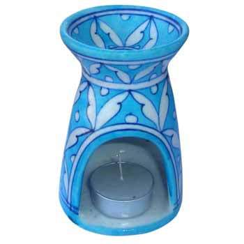 Jaipur Blue Pottery Handmade Aroma Oil Diffuser Small in Turquoise & White Geometrical Design