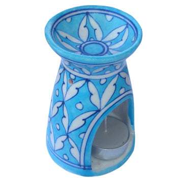 Jaipur Blue Pottery Handmade Aroma Oil Diffuser Small in Turquoise & White Geometrical Design