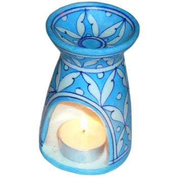 Jaipur Blue Pottery Handmade Aroma Oil Diffuser Small in Turquoise & White Geometrical Design