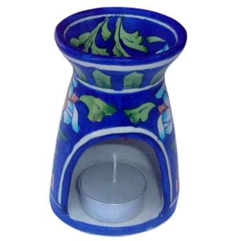 Jaipur Blue Pottery Oil Diffuser Small in Blue Base With Floral Motifs