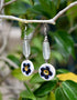 Blue Pottery Round Flat beads With Glass Bead Earring in White Base With Black Flower