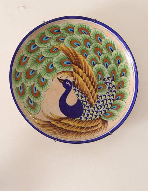 Peacock Design Wall Hanging Blue Pottery Plate 12 Inch