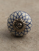 Blue Geometric Pattern on White Ceramic Knob