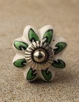 Green Leaf on White Ceramic Knob