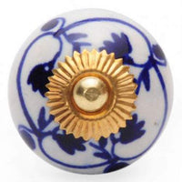 Blue Flower and Blue Leaf on White Ceramic Knob 01