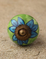 Turquoise Flower on Green Ceramic Knob