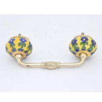 Blue Flower and Green Leaf with Yellow Base Cabinet or Drawer Pull